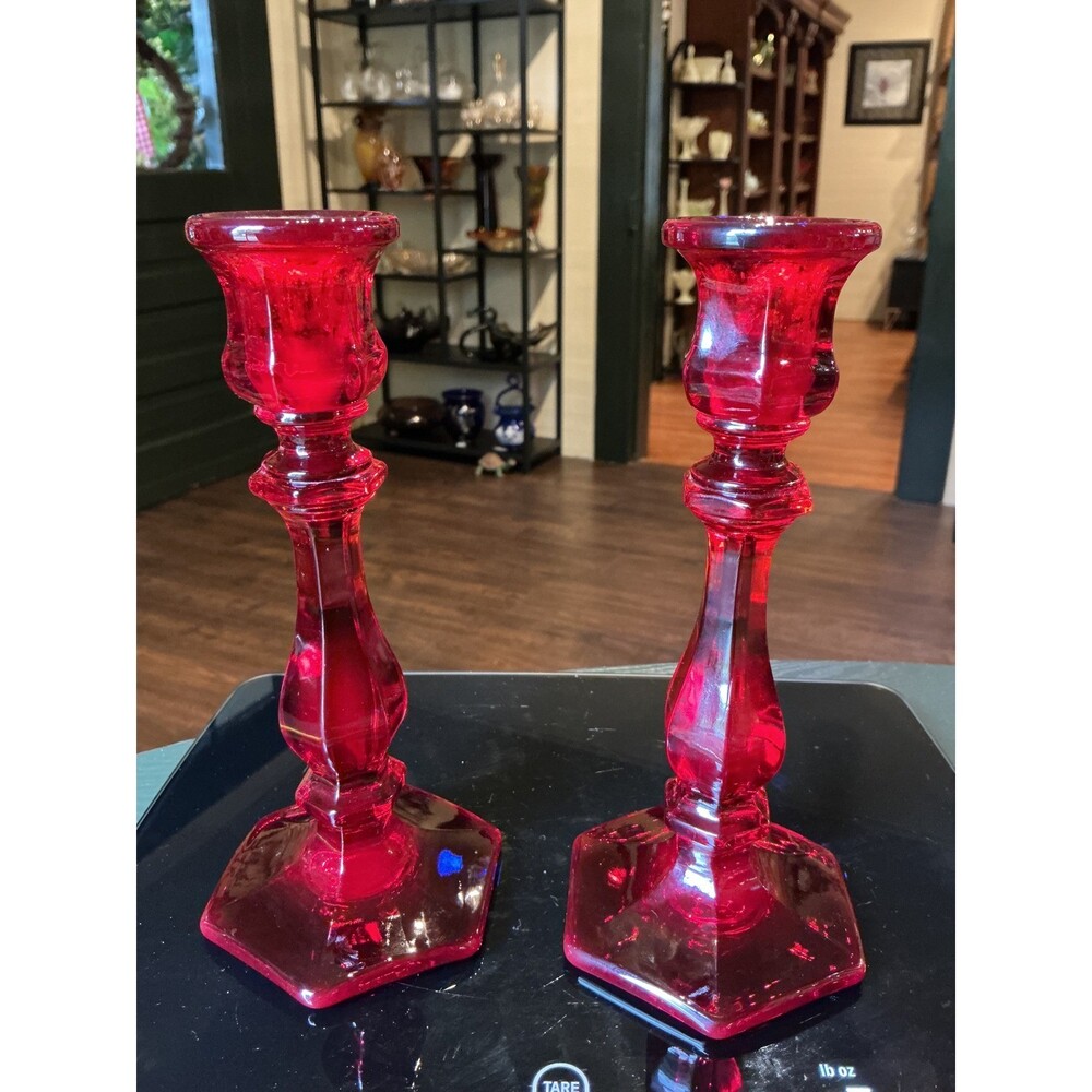 Vintage Mosser Red Glass Candlestick Holders Set Hexagonal Base Taper Holders